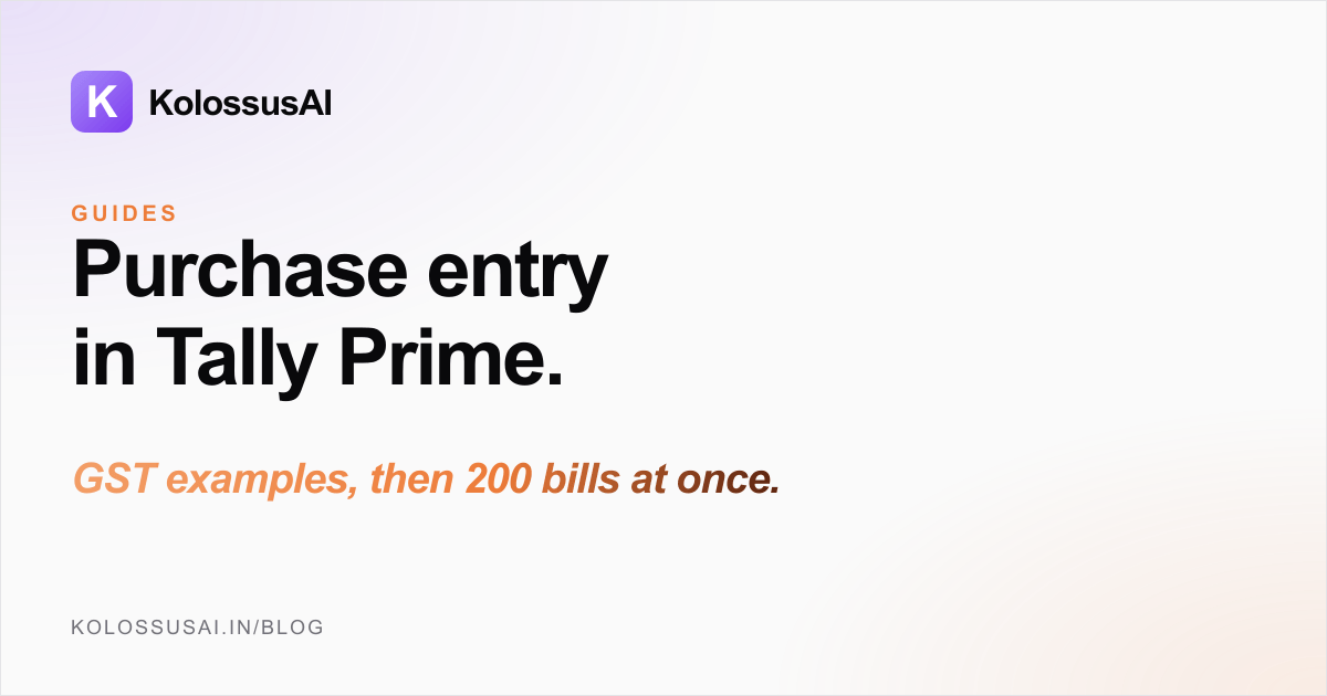 Purchase entry in Tally Prime with GST - item invoice and accounting invoice steps, CGST, SGST and IGST examples, reverse charge, and bulk purchase bill import
